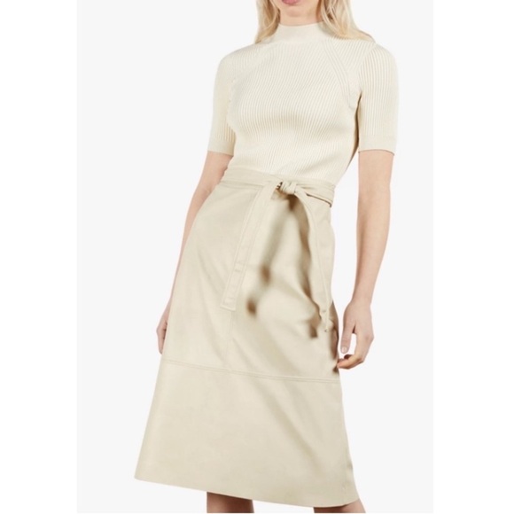 Ted Baker Elegant Tan Women's Faux Leather Knit Dress Sz US 8/10 Or Ted Sz 3 - Picture 8 of 9